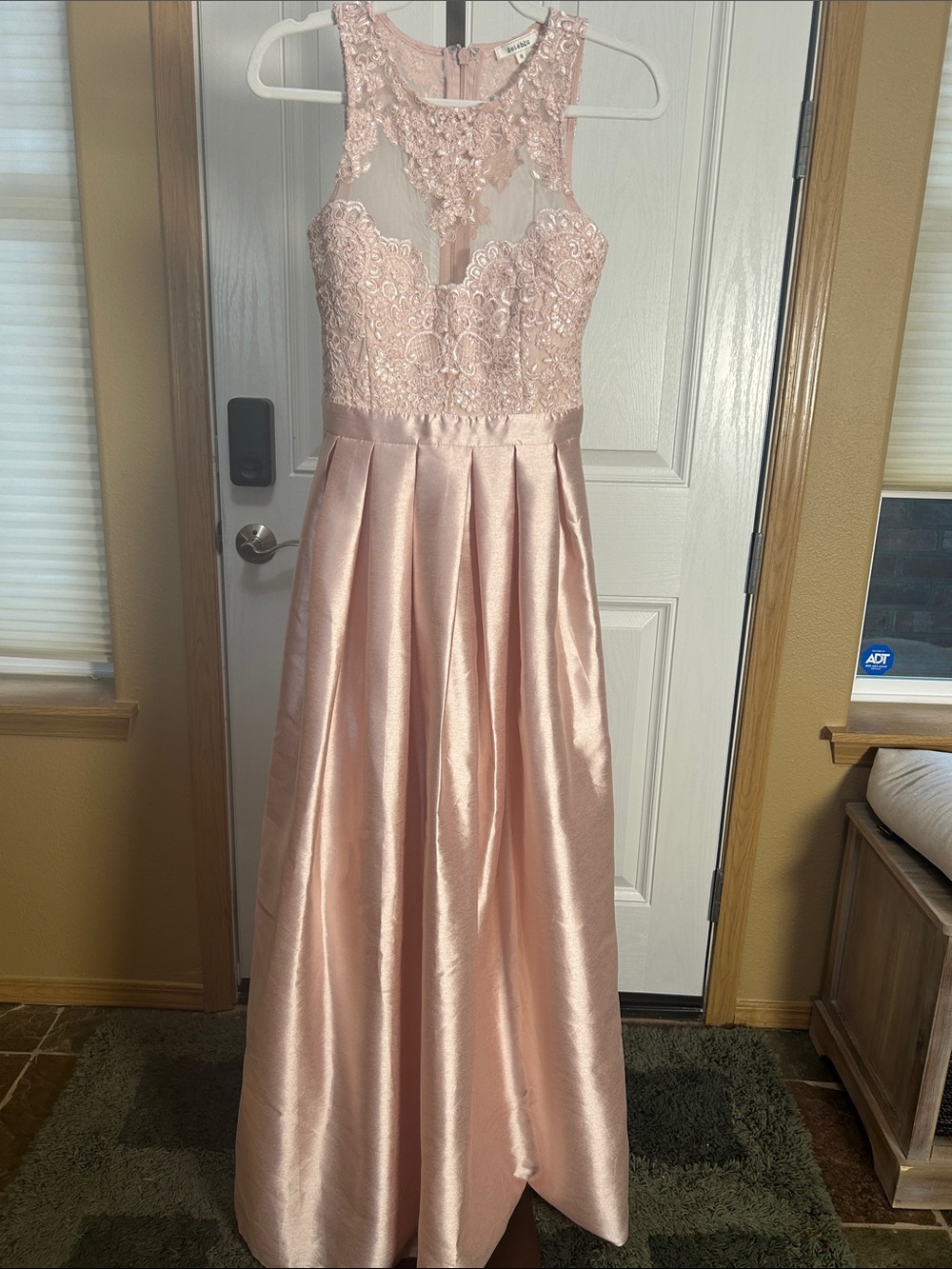 Soieblu Light Blush Pink Lace Bodice Satin Like Polyester Maxi Gown, Size S